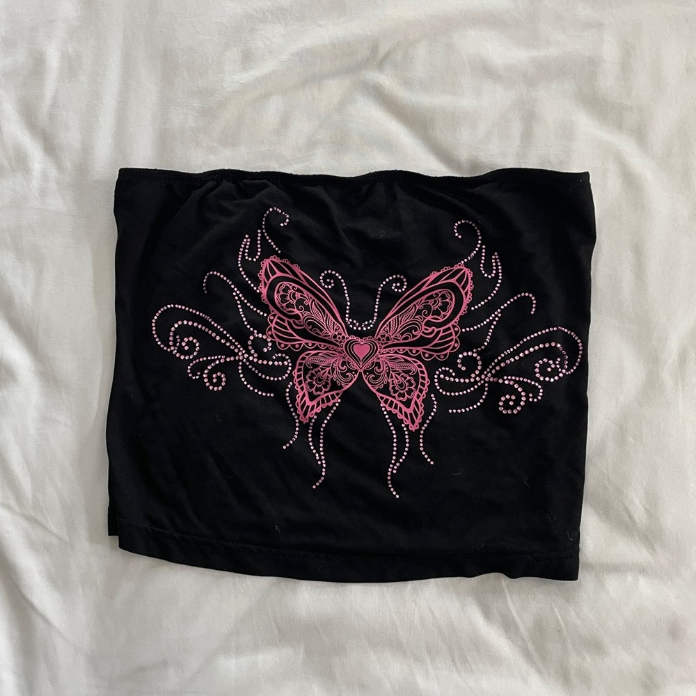 Nadri Black Crop Top with Pink Butterfly Design